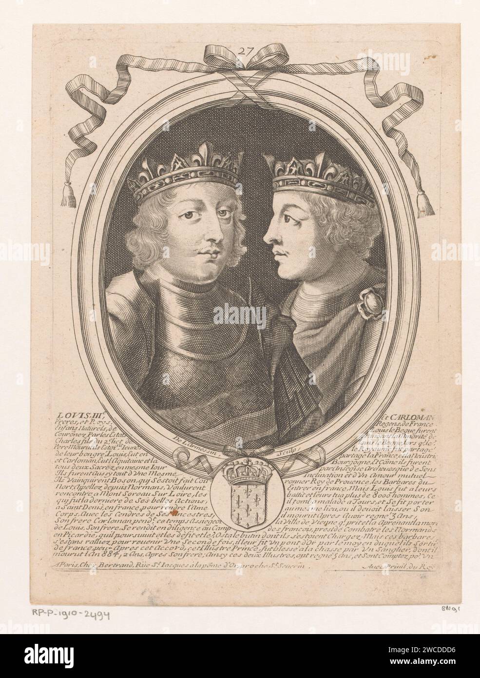 Porträt von Lodewijk III. Und Karloman II., Nicolas de Lammessin (I), 1647–1678 Druck oben nummeriert: 27. Verlag: ParisFrance Papierstich / Ätzen historischer Personen. king Stockfoto
