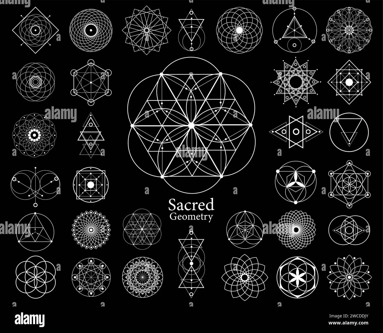 Konstruktionselemente für den Vektor der heiligen Geometrie. Alchemie, Religion, Philosophie, Spiritualität, Yantra-Hipster-Symbole und -Elemente. Set-Kollektion, weißes Tattoo Stock Vektor
