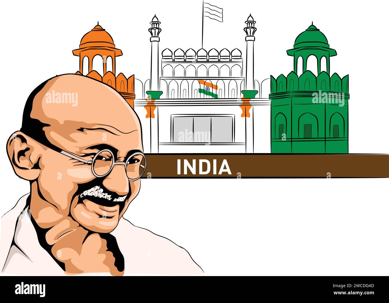 Vektor-Illustration von Mahatma Gandhi mit Hintergrund von Rotem Fort und indischer Flagge. Stock Vektor