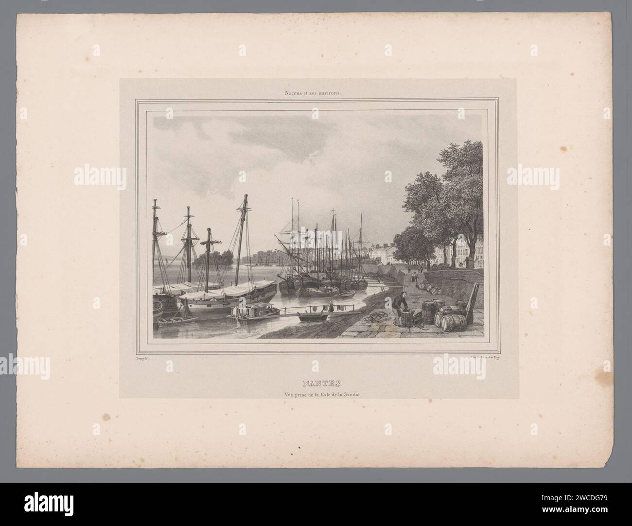 Blick auf die Loire vom Kai des Sanitat in Nantes, Isodore -Laurent Deroy, 1833 - 1835 Print Print ist Teil eines Covers mit achtzehn Drucken. Druckerei: ParisAfter Zeichnung von: Nantesprinter: Parispublisher: Nantes Paper. fluss (+ Landschaft mit Figuren, Personal). Aussicht auf die Stadt, Stadtpanorama, Silhouette der Stadt (+ Stadt(-Landschaft) mit Figuren, Personal). Schiffe (im Allgemeinen) Quai de la Fosse Stockfoto