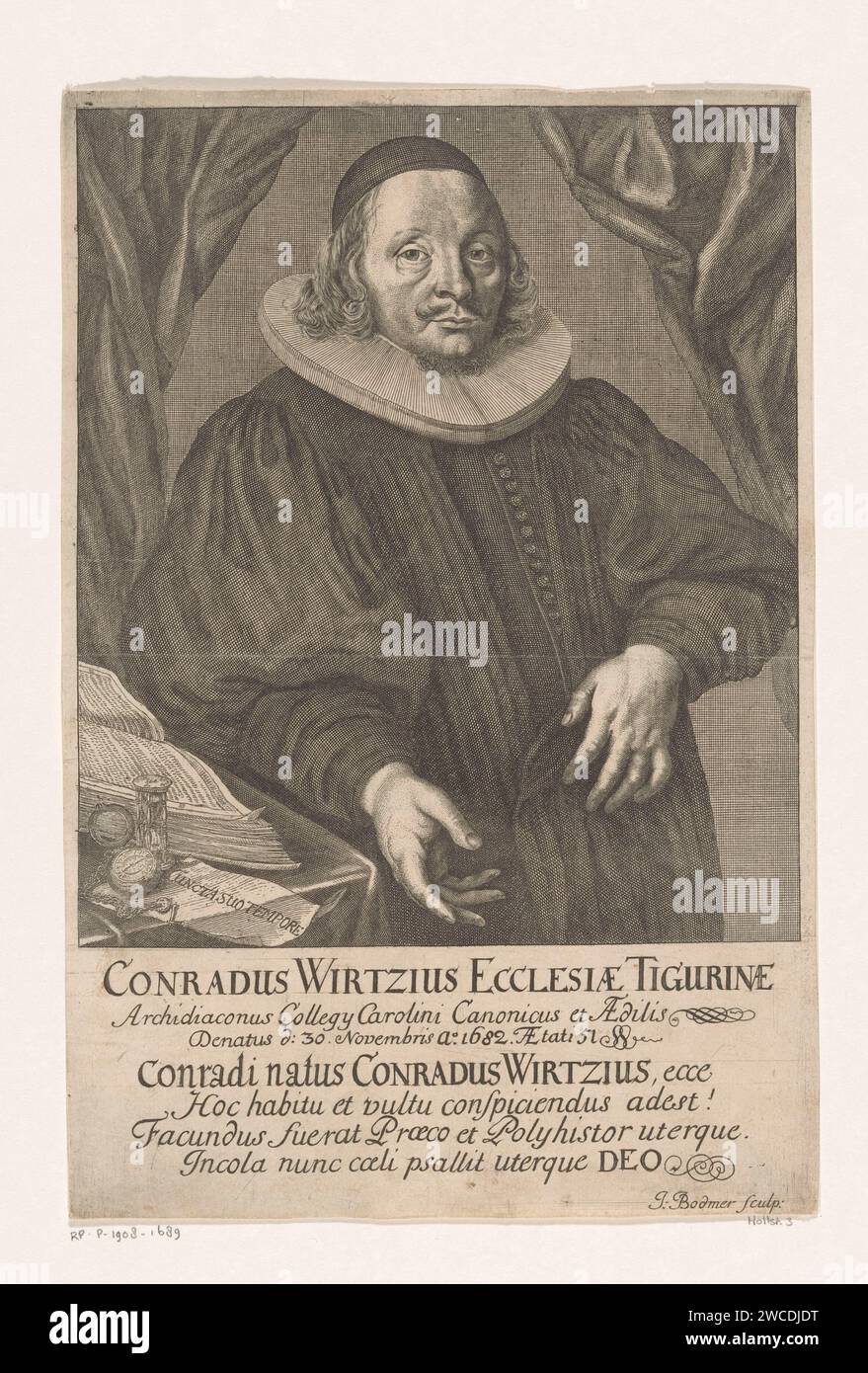 PortraT van Conrad Wirtz, Johann Heinrich Bodmer, 1682 - 1706 Print Zürich (Stad) Papierstich historischer Personen. Buch - MM - Buch geöffnet. Sanduhr. Ansehen. Papier (Schreibmaterial) Stockfoto