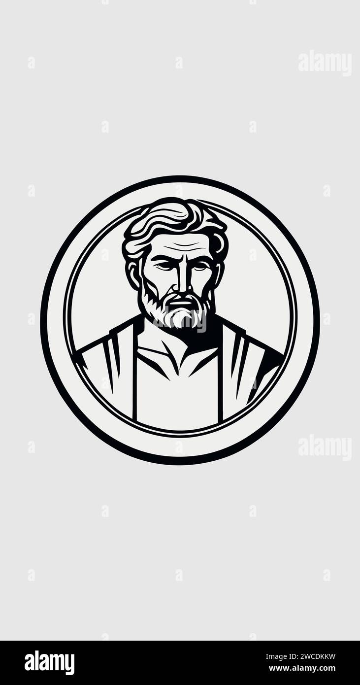 Kreisförmiges Logo des stoischen Mannes mit Platz für benutzerdefinierten Text, einfache Zeichnung in wenigen Zeilen auf weißem Hintergrund Stock Vektor