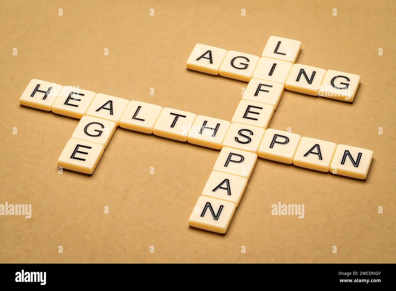 Altern, Lebensdauer und Gesundheit Kreuzworträtsel in Elfenbein Buchstaben Fliesen gegen strukturierte handgemachte Papier, Alter und Langlebigkeit Konzept Stockfoto