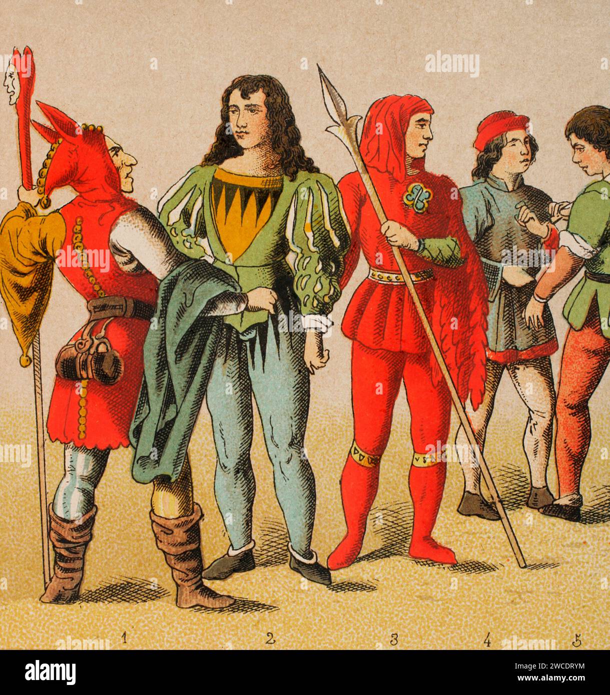 Geschichte Deutschlands. Mittelalter. 1450-1500. Von links nach rechts, 1: jester, 2: ritter, 3: Gerichtsdiener, 4: Bürger, 5: Zimmermann. Chromolithographie. "Historia Universal", von César Cantú. Band VIII, 1881. Stockfoto