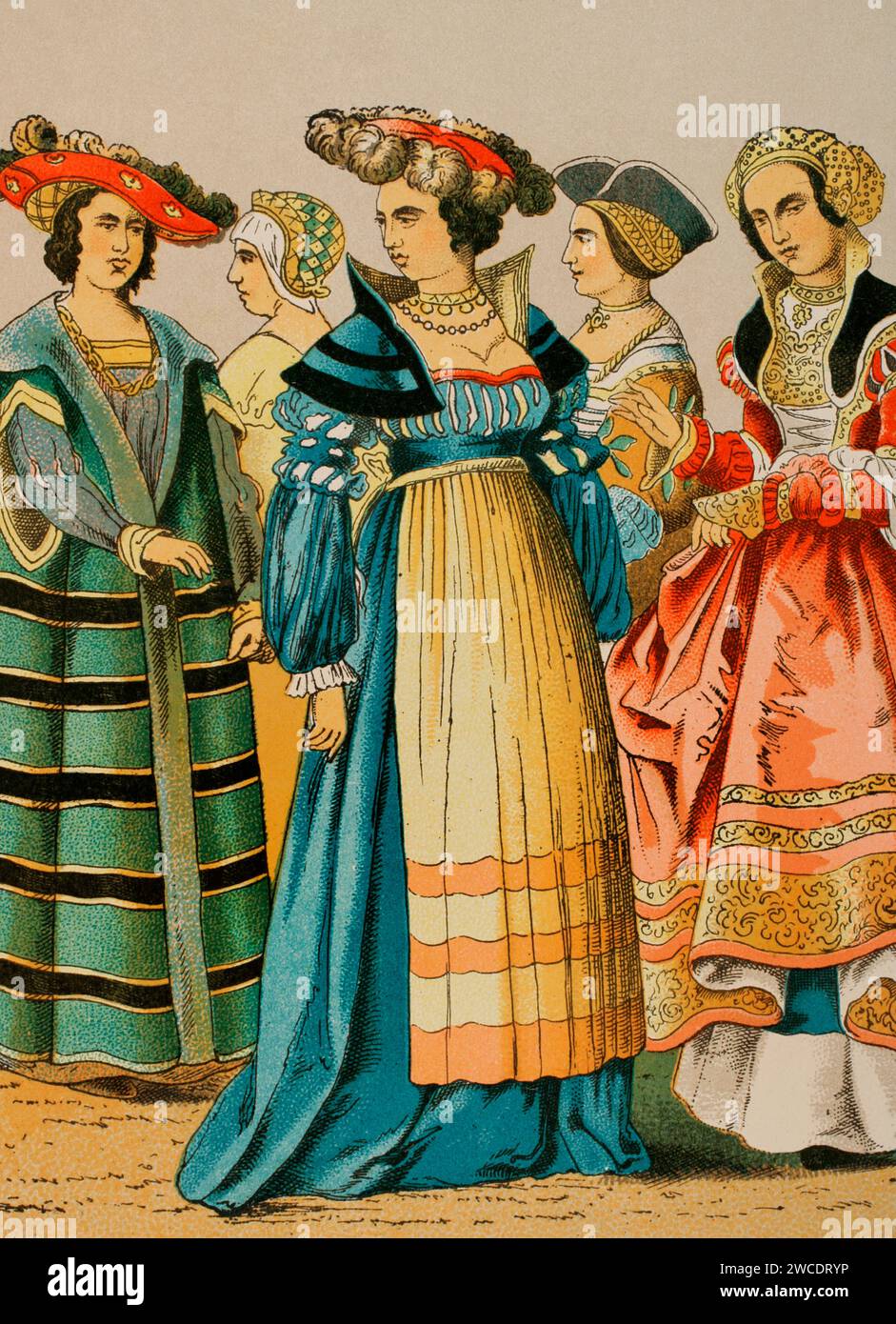 Geschichte Deutschlands. 1500-1550. Damenkleider aus verschiedenen sozialen Schichten. Chromolithographie. "Historia Universal", von César Cantú. Band VII, 1881. Stockfoto