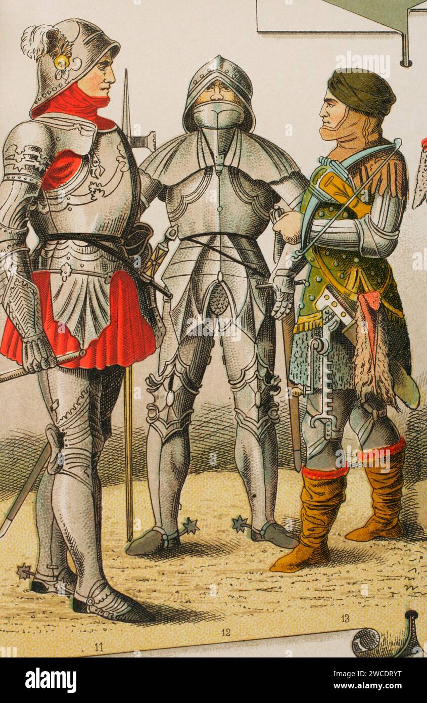 Geschichte Deutschlands. Mittelalter. 1450-1500. Von links nach rechts, 11-12: knights, 13: Crossbowman. Chromolithographie. "Historia Universal", von César Cantú. Band VIII, 1881. Stockfoto