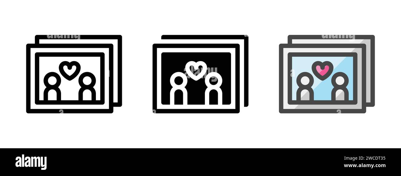 Vektorsymbol für Mehrzweckfotos in Form von Konturen, Glyphen und ausgefüllten Konturen. Drei Varianten im Icon-Stil in einem Paket. Stock Vektor