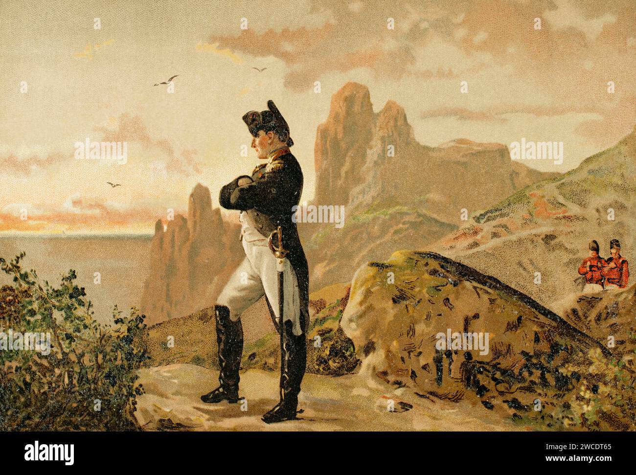 Napoleon Bonaparte (1769-1821). Französischer militärischer und politischer Führer. Als Napoleon I. war er Kaiser von Frankreich (1804–1815). Am 15. Juli 1815 wurde er von den Briten auf die Insel Saint Helena im Atlantischen Ozean verbannt. Napoleon im Exil auf St. Helena, 1815-1821. Chromolithographie. "Historia Universal", von César Cantú. Band IX, 1881. Stockfoto