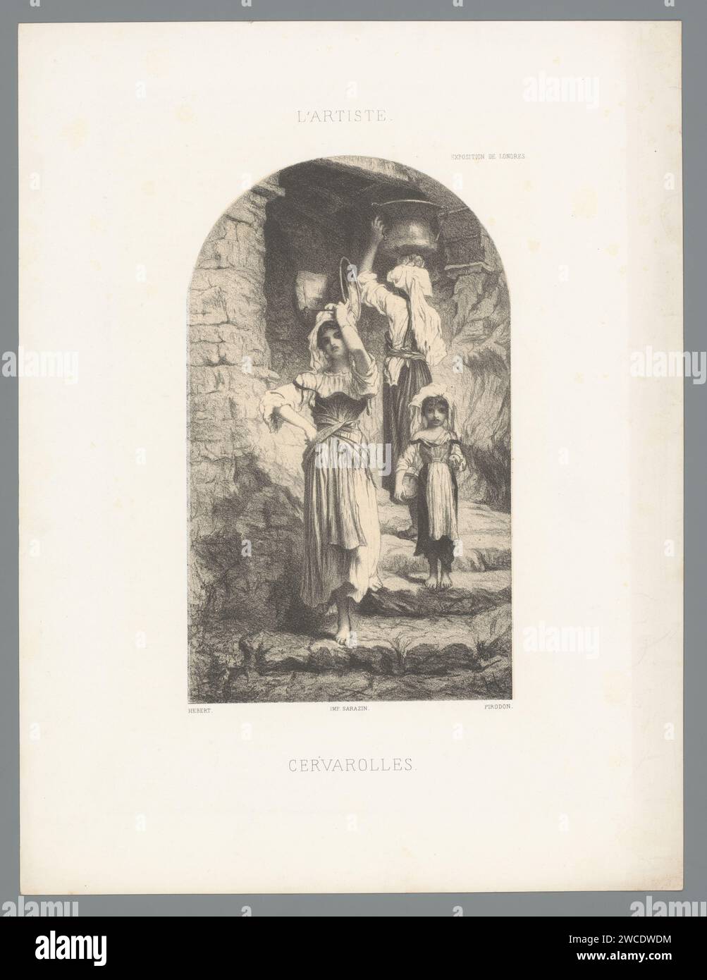 Frauen tragen Wannen auf einer Treppe, Eugène Louis Pirodon, nach Ernest Antoine Auguste Hébert, 1862 Druck Paris Papier. Etwas auf dem Kopf oder auf den Schultern tragen. Mineralwasser Stockfoto