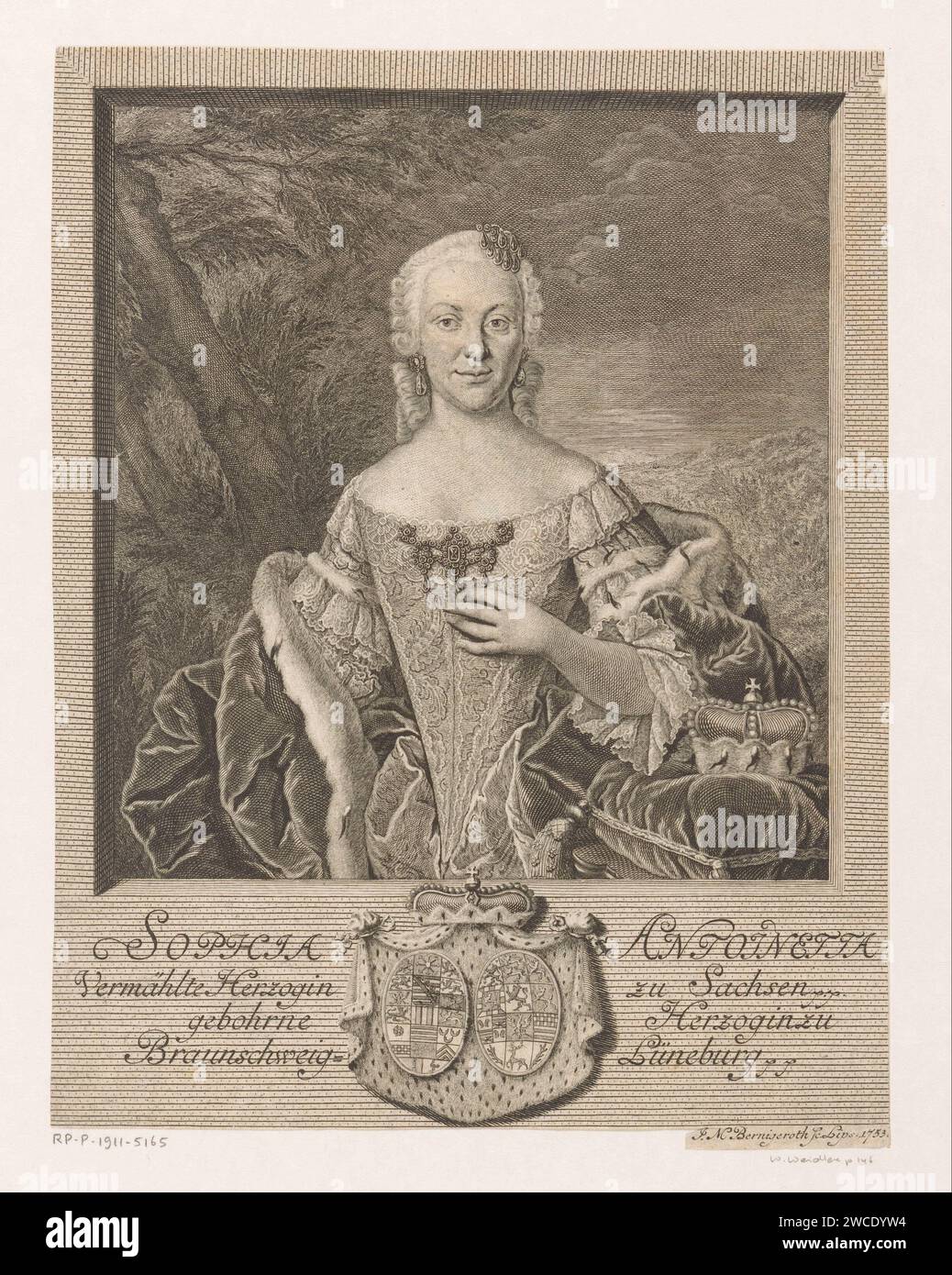 Porträt von Sophia Antonia von Sachsen-Coburg-Saalfeld, Johann Martin Berbigeroth, 1753 Druck Leipziger Papiergravur historische Personen - BB - Frau. Waffenlager, Heraldik. Krone (Symbol der Souveränität). Ornamente, Juwelen. Mantel, Kleid, Kleid (Symbol der Souveränität) Stockfoto