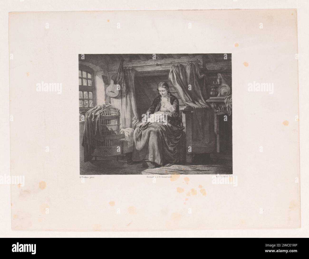 Frau gibt Kind de Borst, Adolf Carel Nunnink, nach Gerke Henkes, 1854–1863 Druck Eine Frau in einem Innenraum sitzt im Bett und gibt ihrem Kind die Brust. Auf der linken Seite befindet sich die Wiege des Kindes. Die Haager Zeitung füttert ein Baby Stockfoto