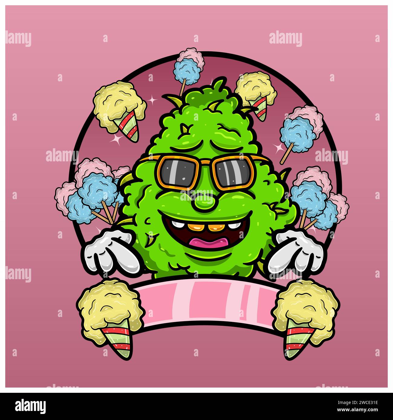 Baumwollbonbons mit Weed Mascot Cartoon. Unkrautdesign für Logo, Etikett und Verpackungsprodukte. Vektor und Illustration. Stock Vektor