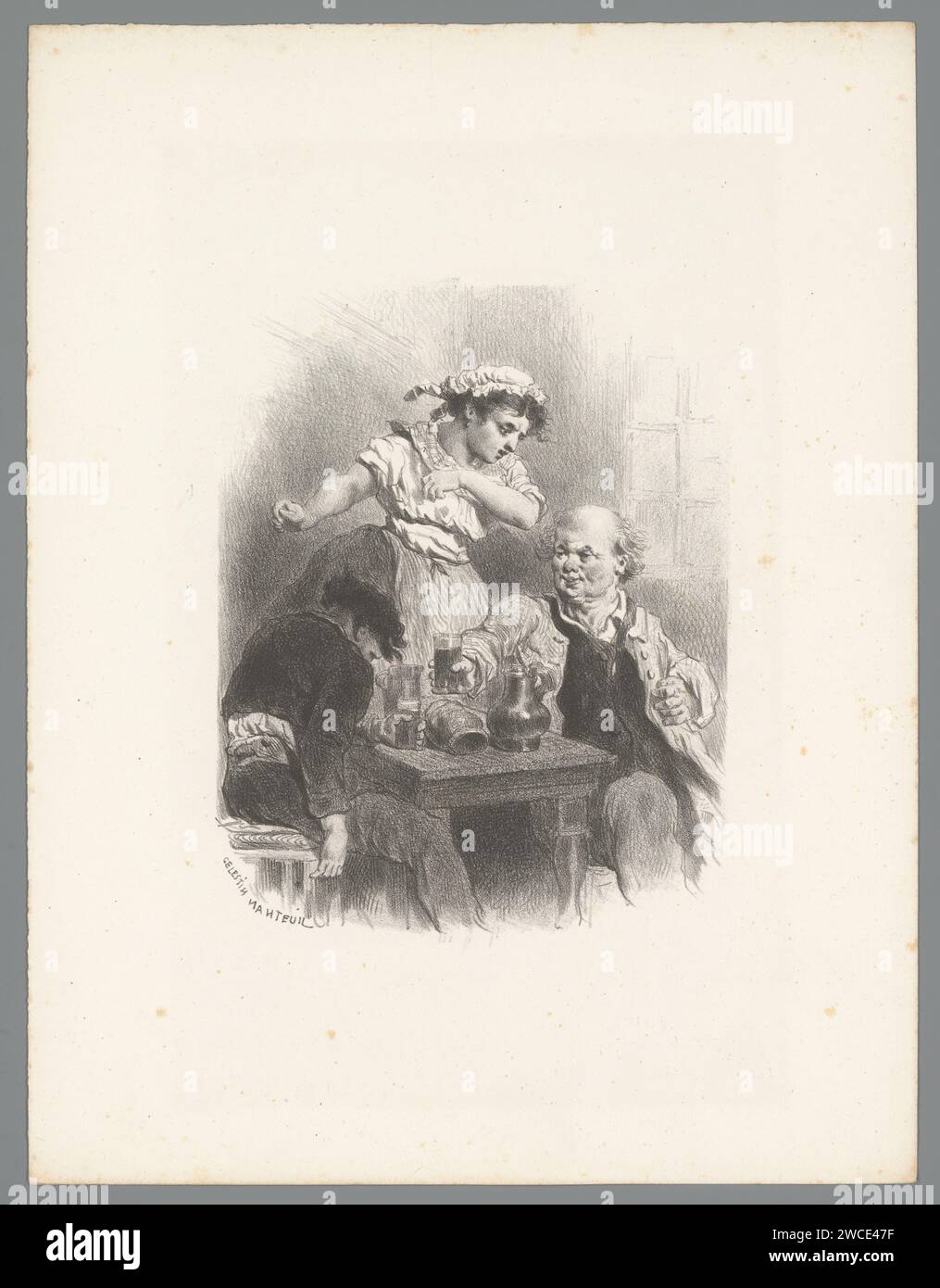 Zwei trinkende Männer und eine Frau um den Tisch, Célestin Francois Nanteuil, 1823 - 1873 Druckpapier alkoholische Getränke. Trunkenheit Stockfoto