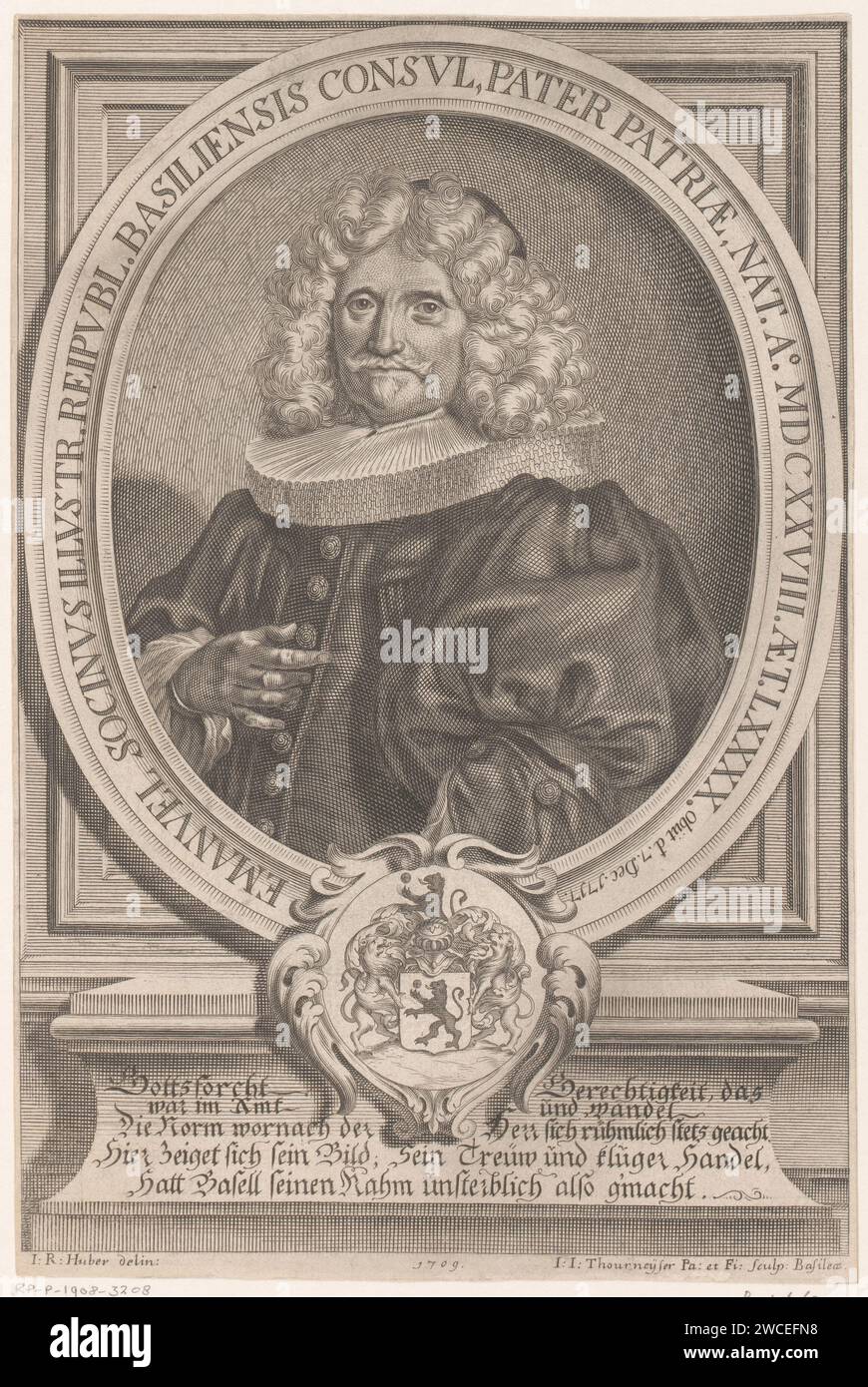 Portret van Emanuel Socinus, Johann Jakob Thurneysen (i), nach Johann Rudolf Huber (1668-1748), 1709 Druckpapierstich historische Personen. Waffenlager, Heraldik Stockfoto