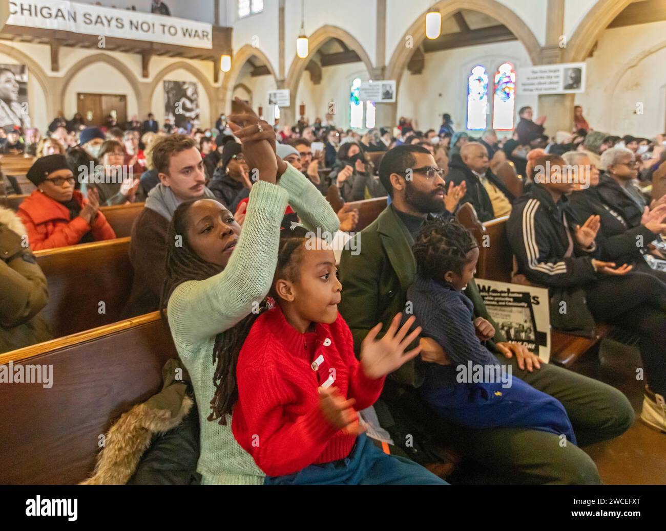 Detroit, Michigan, USA. Januar 2024. Eine Martin Luther King Day Kundgebung „für Jobs, Frieden und Gerechtigkeit“ in St. Matthew's & St. Joseph's Episcopal Church. Quelle: Jim West/Alamy Live News Stockfoto