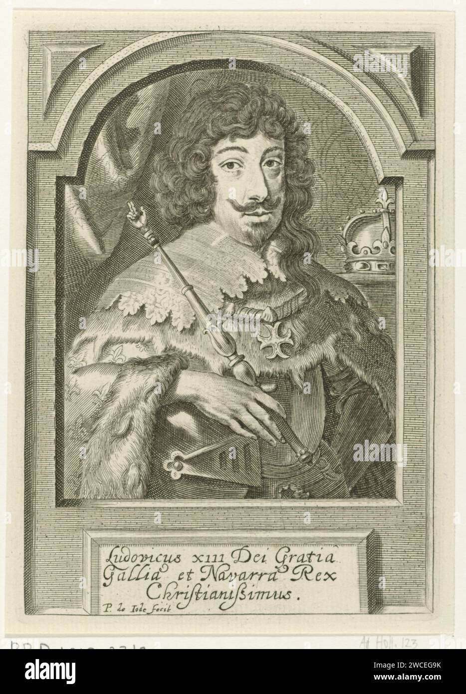 Porträt von Ludwig XIII., König von Frankreich, Pieter de Jode (II), 1628–1670 Druck Porträt von Ludwig XIII., König von Frankreich. Er hält einen Stab in der rechten Hand. Eine Krone im Hintergrund. Das Hochformat ist in einem bogenförmigen Rahmen enthalten. In einem Rahmen eine dreiseitige Beschriftung in lateinischer Sprache. Unbekannte Papier-Gravur-Krone (Symbol der Souveränität) Stockfoto