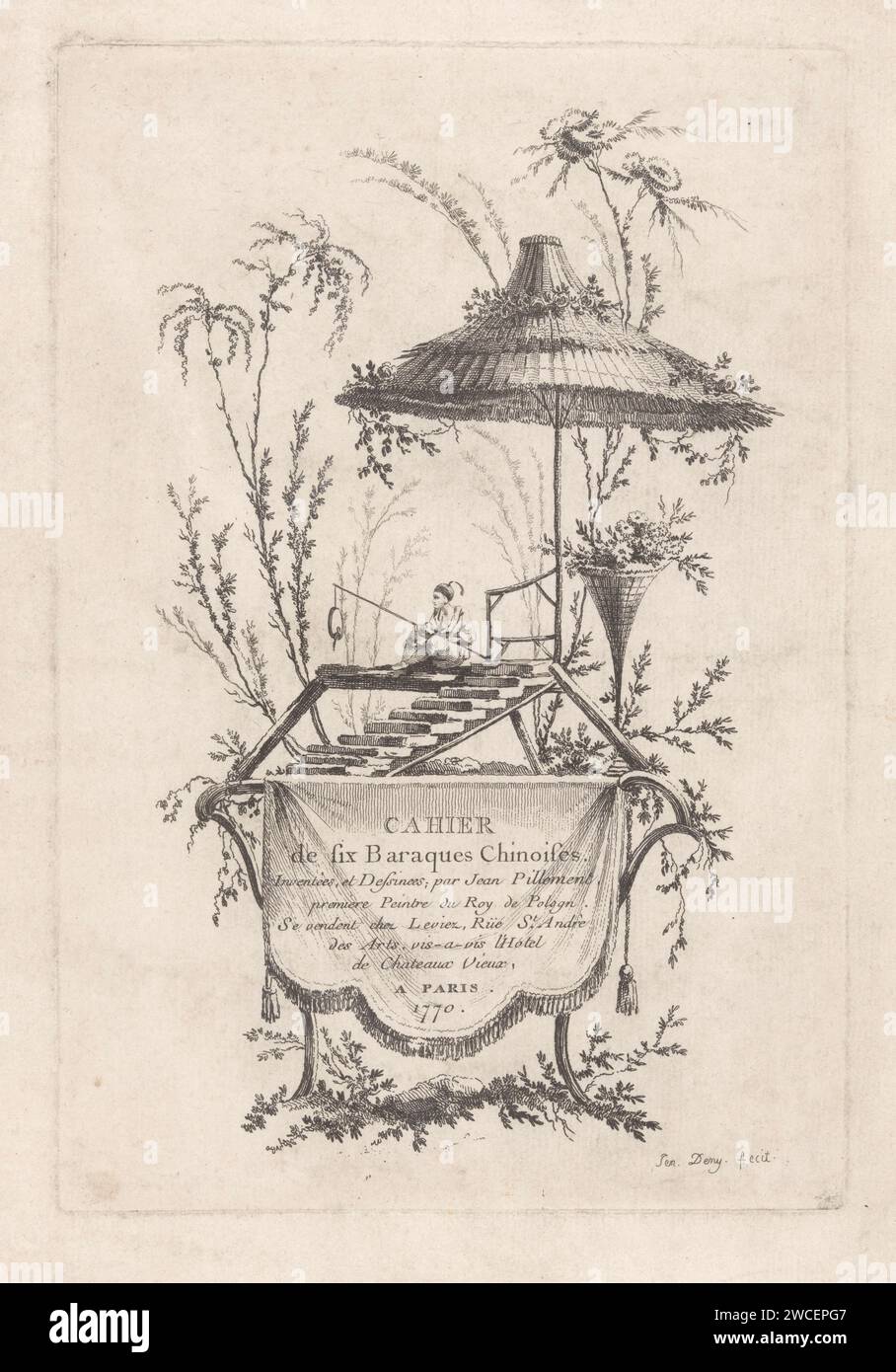 Mann unter Schutz, Jeanne Deny, nach Jean Baptiste Pillement, 1770 Druck in einer Landschaft gibt es einen Mann neben einer Treppe unter einem Sonnenschirm-förmigen Unterstand. Er hält einen Stock mit runder Form in der Hand. Der Serientitel auf der Vorderseite. Paris Papier, das sitzende Figur ätzt. Schuppen Stockfoto