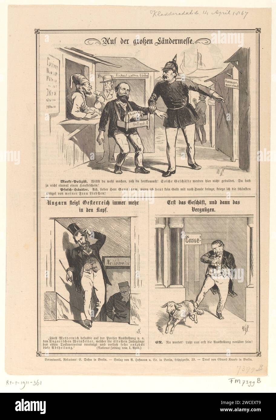 Cartoon on King Wilhelm III. And the Luxembourg Issue, 1867, Unknown, 1867 Print Cartoon on King Wilhelm III. Nach der Luxemburger Ausgabe, 1867. König Wilhelm III. (PFUSCH-Händler) als Straßenverkäufer, der versucht, Luxemburg zu verkaufen, wird aber vom Polizisten Bismarck (Markt-Polizist) weggeschickt. Top of Three Cartoons auf einer Zeitschrift aus dem Kladderadatsch vom 14. April 1867. Druckerei: DeutschVerlag: Berlinprinter: Berliner Papiermarkt. Straßenhändler NEW Arch (Land) Stockfoto