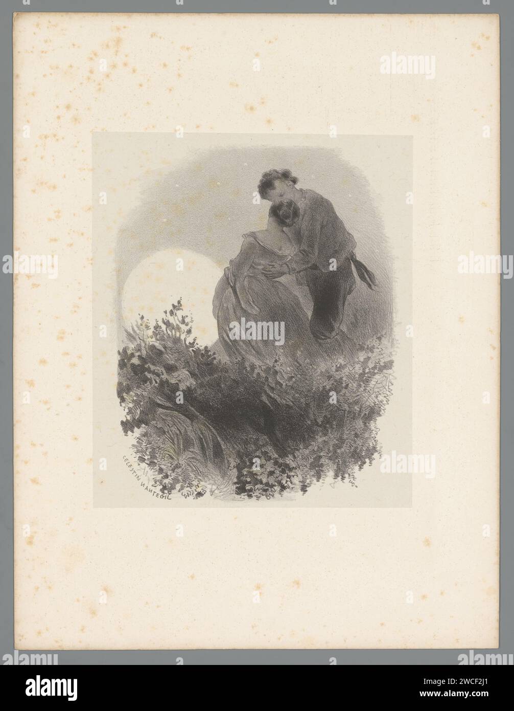 Küssendes Paar in Moonlight, Célestin Francois Nanteuil, 1823 - 1873 Druckpapier. Liebhabertreffen. (Liebende) sich gegenseitig küssen. Mondlicht Stockfoto