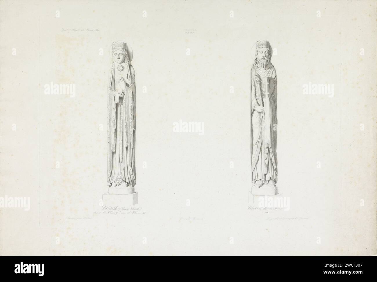 Sculpturen van Clothilde in clovis i uit de Notre -Dame de Corbeil, Jacopo Bernardi, nach Ernest Antoine Auguste Hébert, 1818 - 1848 Druck Paris Papierätzung / Gravur Stück Skulptur, Reproduktion eines Stücks Skulptur. Herrscher, Herrscher - BB - weibliche Herrscherin. Herrscher, souverän. Historische Personen Notre-Dame de Corbeil Stockfoto