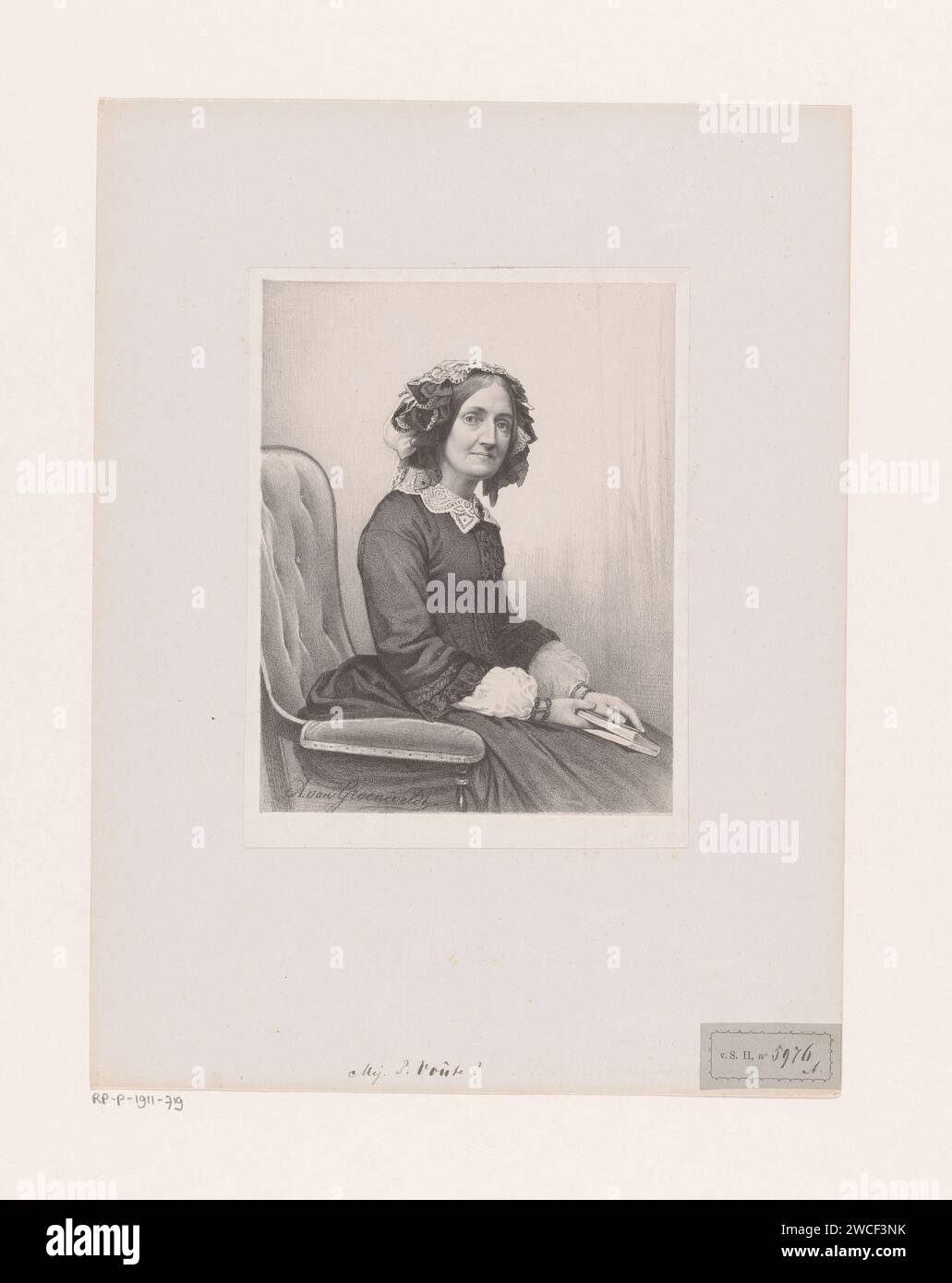 Porträt einer unbekannten Frau, evtl. Petronella Voûte, Antonie Johannes Groeneveldt, 1834–1883 Druck die dargestellte Person befindet sich in einem Sessel mit einem Buch in der Hand. Utrecht-Papier. Historische Personen - BB - Frau (+ halblanges Porträt) Stockfoto