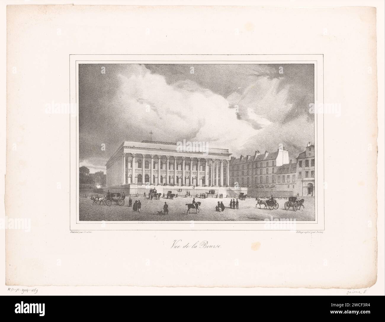 Blick auf das Beursgebouw in Paris, Ernest Jaime, nach Christophe Civeton, um 1827 Druck Paris Paper Exchange, Bourse. Platz, Ort, Zirkus usw. (+ Stadt(-Landschaft) mit Figuren, Personal) Stipendium Stockfoto