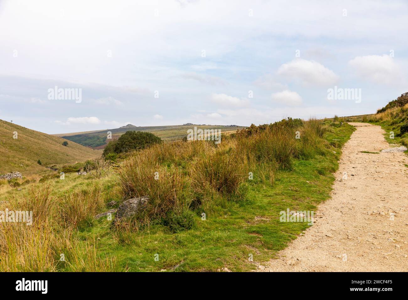 West Dart Valley im Dartmoor Nationalpark, mit Wanderweg zum Wistmans Wood, englische Landschaft, Devon, England, Großbritannien, 2023 Stockfoto