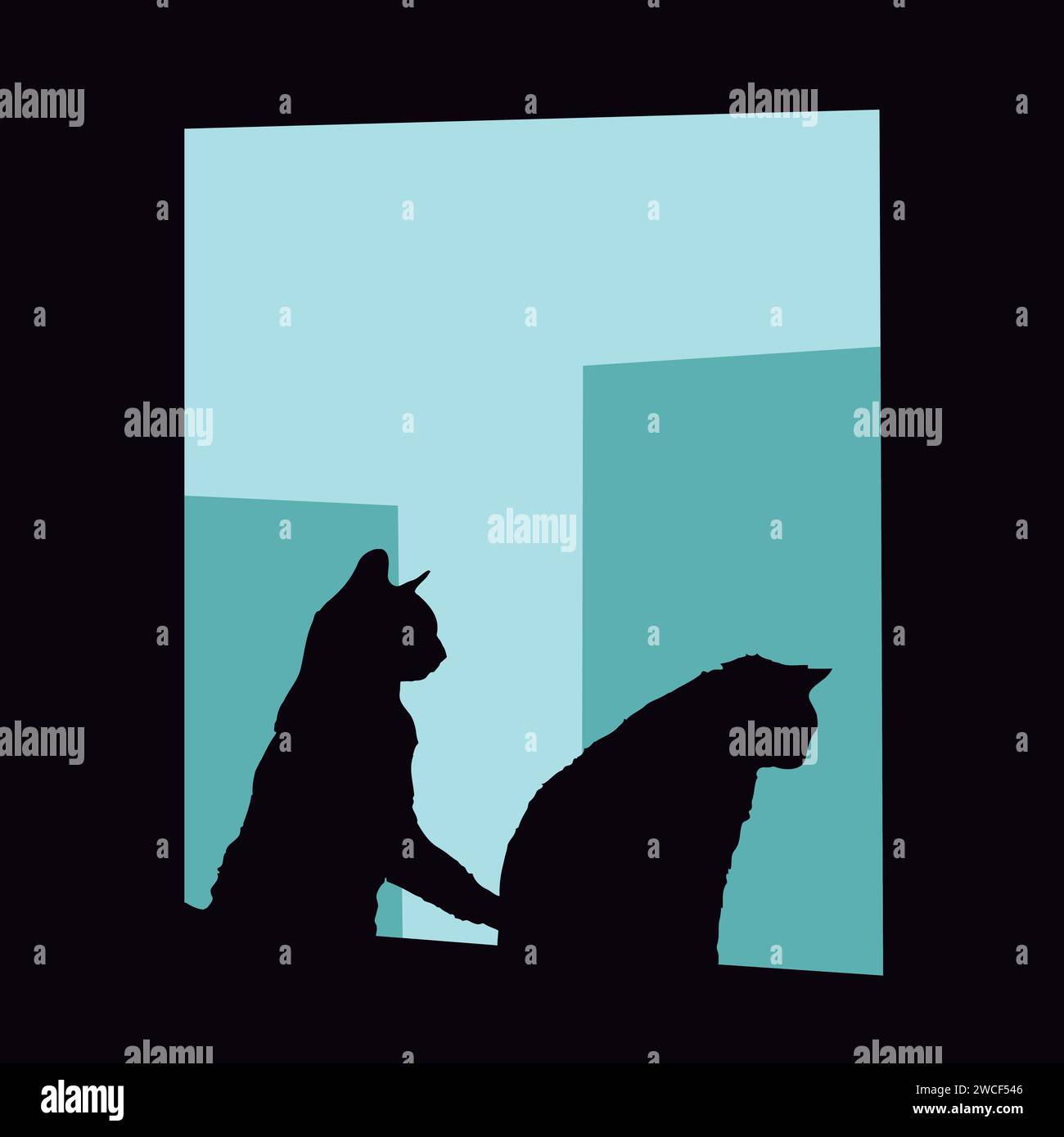 Katzen vor dem Fenster, wenn es regnet. Feline Silhouette Stock Vektor