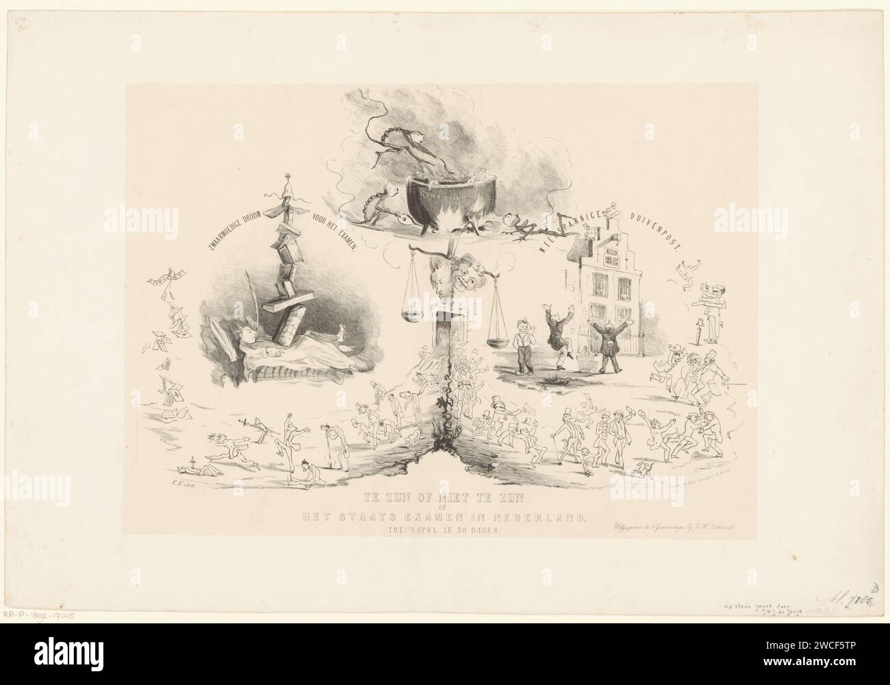 Cartoon über das staatliche Examen für die Zulassung zur Universität, Jan Karel Jacob de Jonge (möglich), nach Carel Vosmaer, 1850 Print Cartoon über das Staatsexamen von Minister Thorbecke für die Zulassung zur Universität, durch königlichen Erlass vom 1. Juli 1850. Links der Traum der Schüler im Bett und die traurigen Studenten, die nicht erfolgreich waren, rechts die glücklichen Studenten, die gestorben sind. Oben werden die Schüler im Gymnasium in einem großen Kessel gekocht. Das Haager Papier. Student. Prüfung  Universität. Sekundarschulbildung Stockfoto