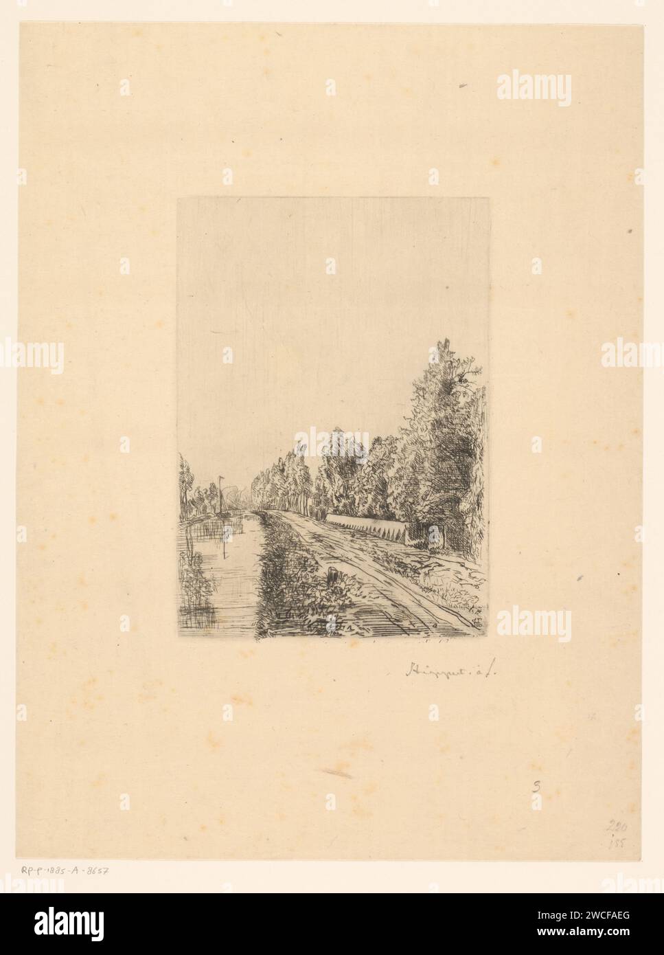 Landschaft mit Kanal, entlang der eine Landstraße mit Aufforstung, Karel Theodoor Hippert, 1849 - 1885 Druckpapier-Ätzung / Trockenpunktkanal Stockfoto