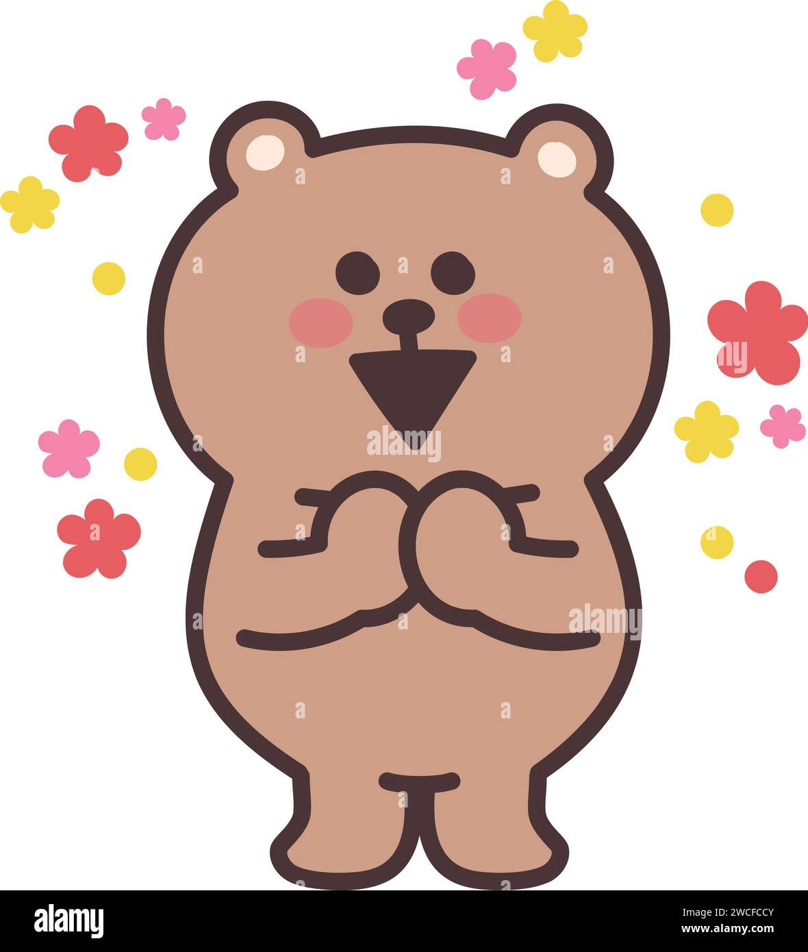 Erfreuen Sie sich an einem Cartoon-Teddybär mit Blumenkonfetti. Vektorabbildung isoliert auf einem transparenten Hintergrund. Stock Vektor