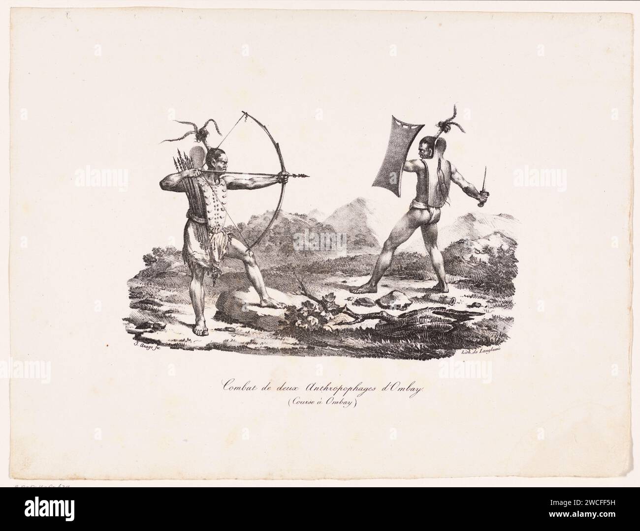 Kampf zwischen zwei Ombay-Kriegern in Indonesien, Jacques Etienne Victor Arago, Pierre Langlumé, 1822 Druck Paris Papierschlacht. Asiatische Rassen und Völker Ombay Stockfoto