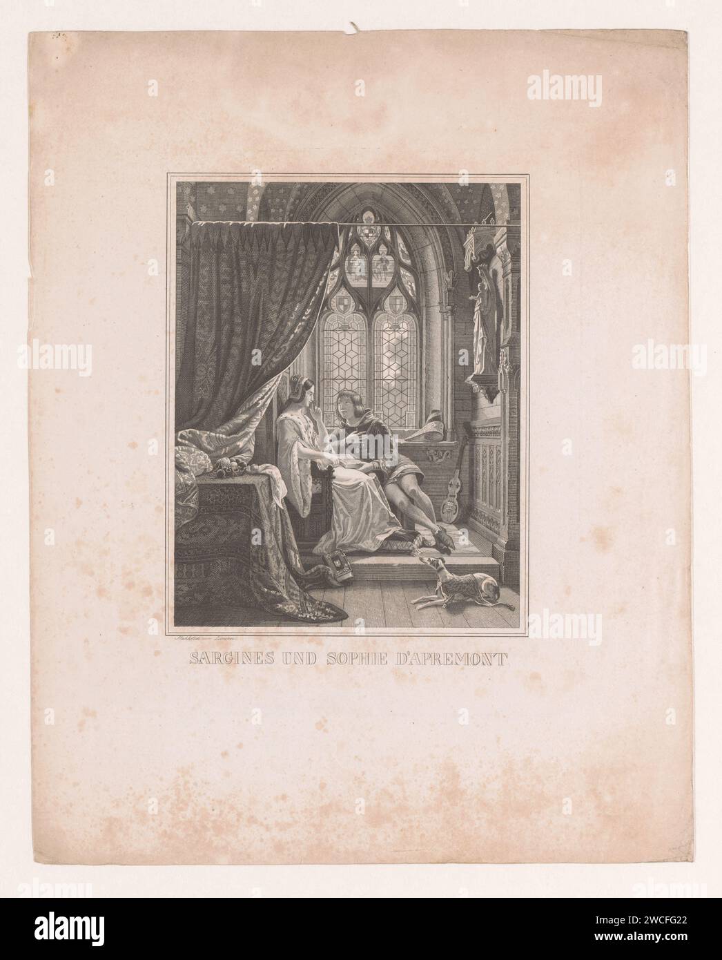 Mann macht eine Frau Hof, während er zusammen ein Buch liest, L. Linsen, 1839 - 1856 Druckpapier mit dem Gravur Awakening Love. Kapelle (Inneres des Hauses). Vorhänge Stockfoto