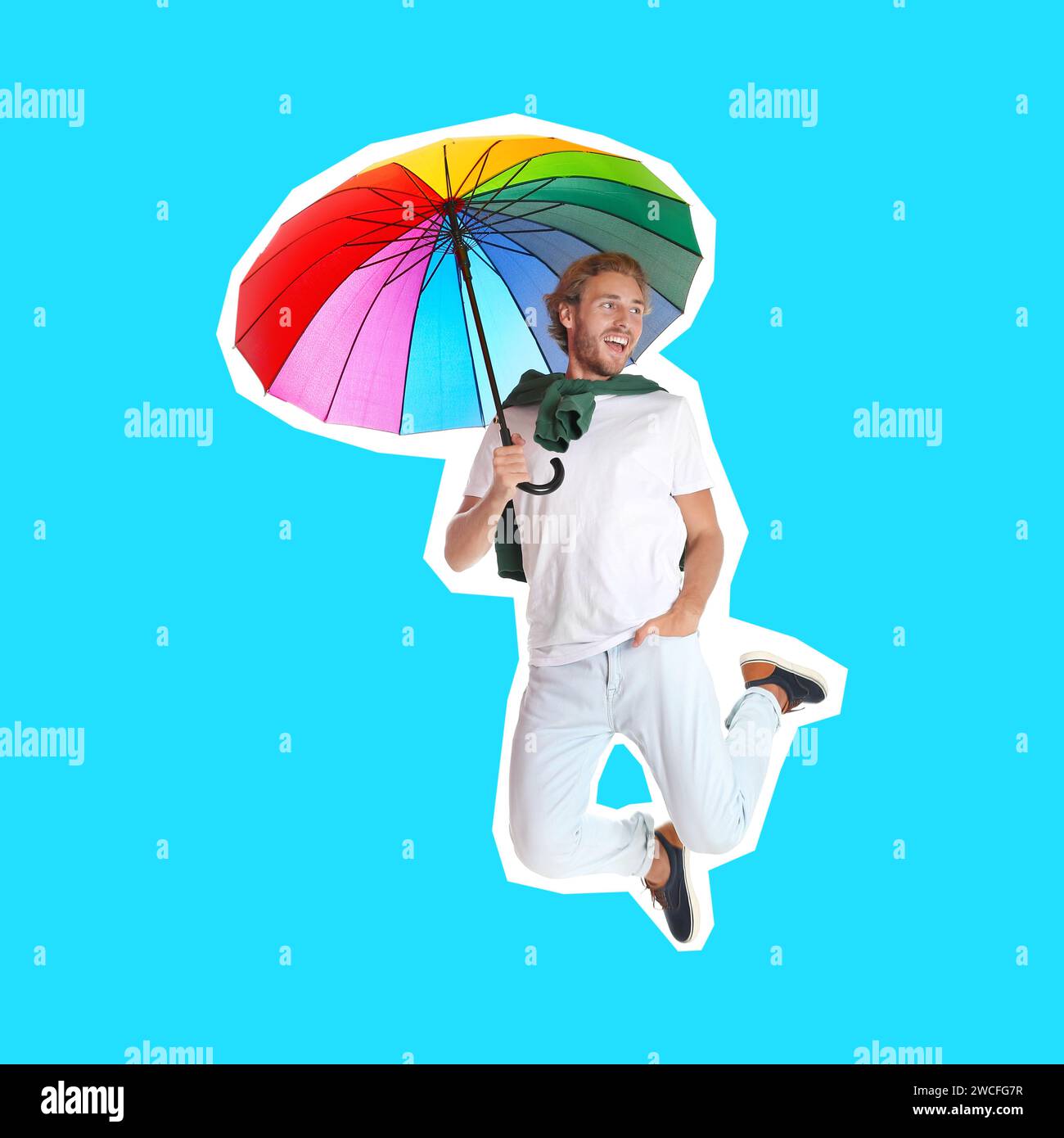Pop-Art-Poster. Mann mit Regenbogenschirm, der auf hellblauem Hintergrund springt Stockfoto