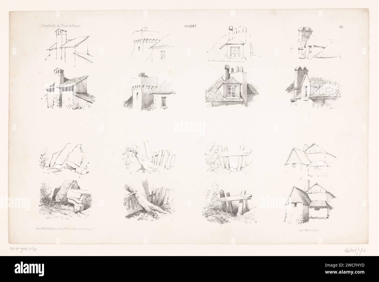 Acht Aufführungen von Landschaft- und Architekturelementen in zwei Zeichenschritten, Jean Baptiste Louis Hubert, 1853 - 1854 Druck Paris Papierteile (Haus oder Gebäude) Stockfoto