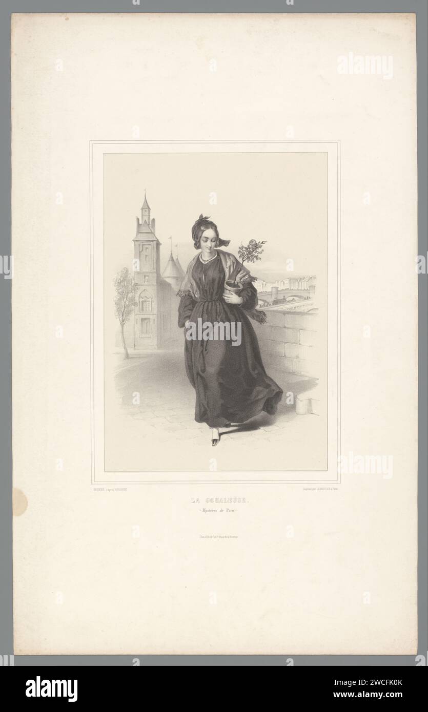 Frau (La Goualeuse) geht mit Blumentopf auf der Straße, Claude Régnier, nach Paul Gavarni, 1843 Druck Paris Papier. Erwachsene Frau. Pflanzen und Kräuter Stockfoto