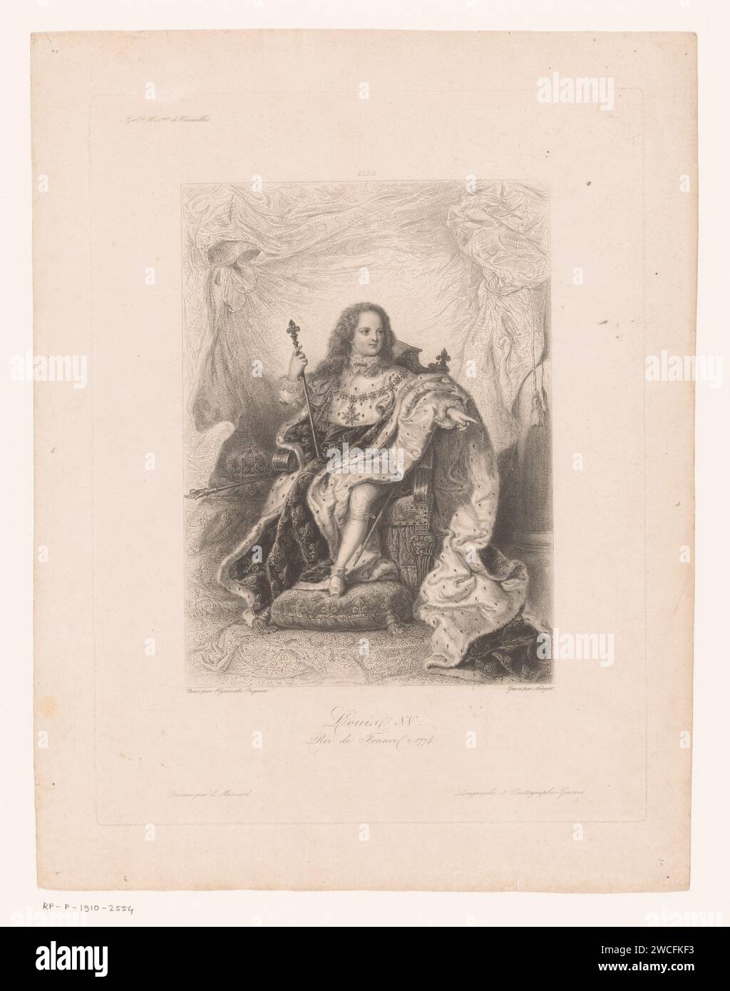 Porträt von Ludwig XV., König von Frankreich, Jean Denis Nargeot, nach Léopold Massard, nach Hyacinthe Rigaud, 1838 - 1841 Druck in der Mitte: 2539. Paris Papier, das historische Personen graviert. king Stockfoto