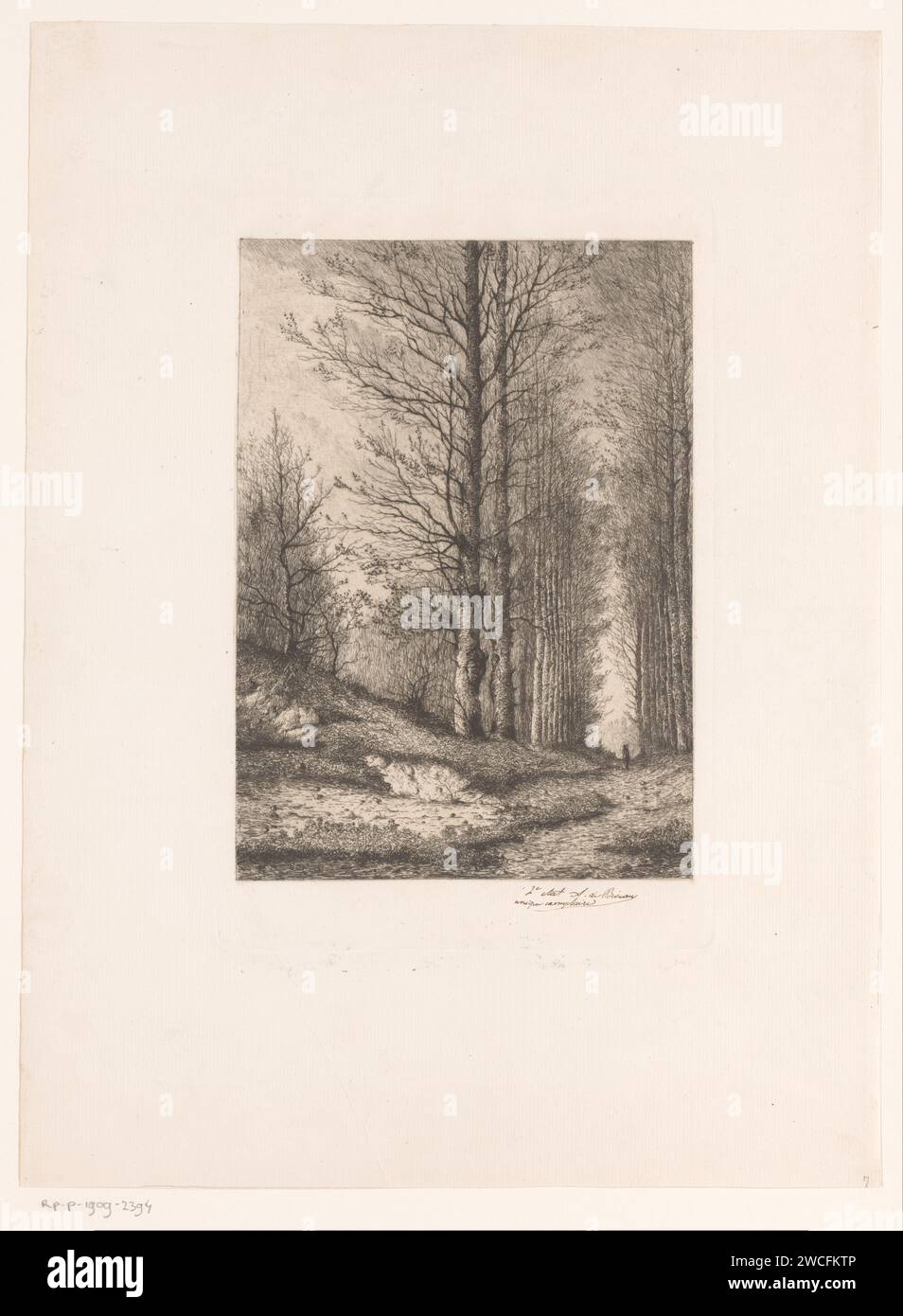 Boslaan mit Reiter, Aristide de Biseau, 1873 Druckpapier, Herbstätzung, 'Autumnus'; 'Autunno' (Ripa). Waldweg oder Spur. Pferdewerferreiter. Bäume: Buche Stockfoto