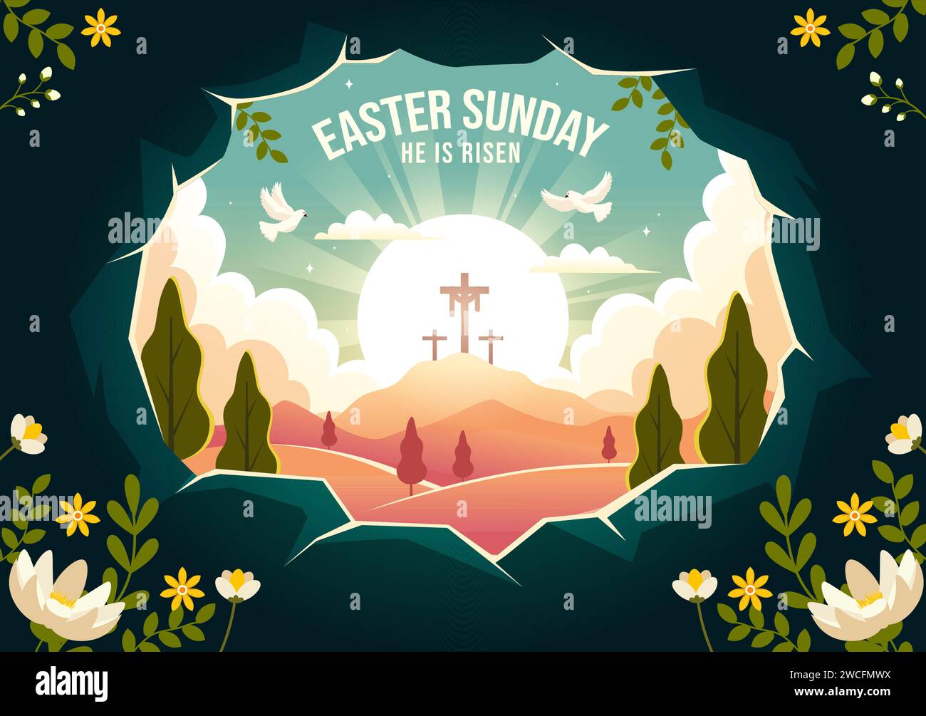 Happy Easter Sunday Vector Illustration von Jesus, Er ist auferstanden und Feier der Auferstehung mit Höhle und dem Kreuz in flachem Zeichentrickhintergrund Stock Vektor