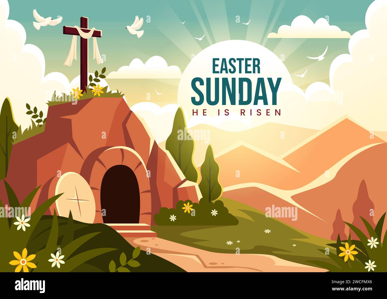 Happy Easter Sunday Vector Illustration von Jesus, Er ist auferstanden und Feier der Auferstehung mit Höhle und dem Kreuz in flachem Zeichentrickhintergrund Stock Vektor