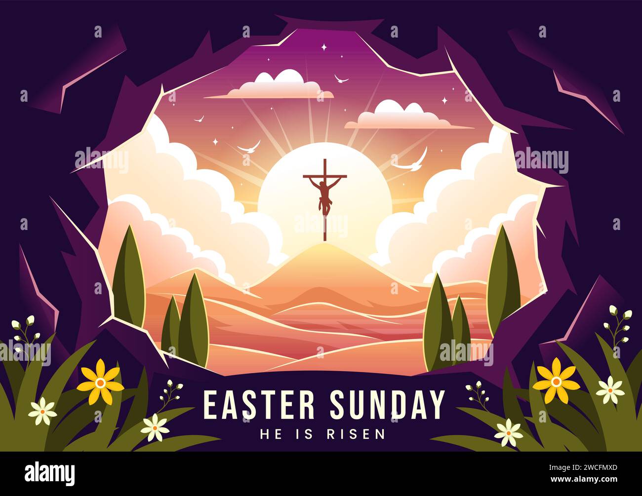 Happy Easter Sunday Vector Illustration von Jesus, Er ist auferstanden und Feier der Auferstehung mit Höhle und dem Kreuz in flachem Zeichentrickhintergrund Stock Vektor