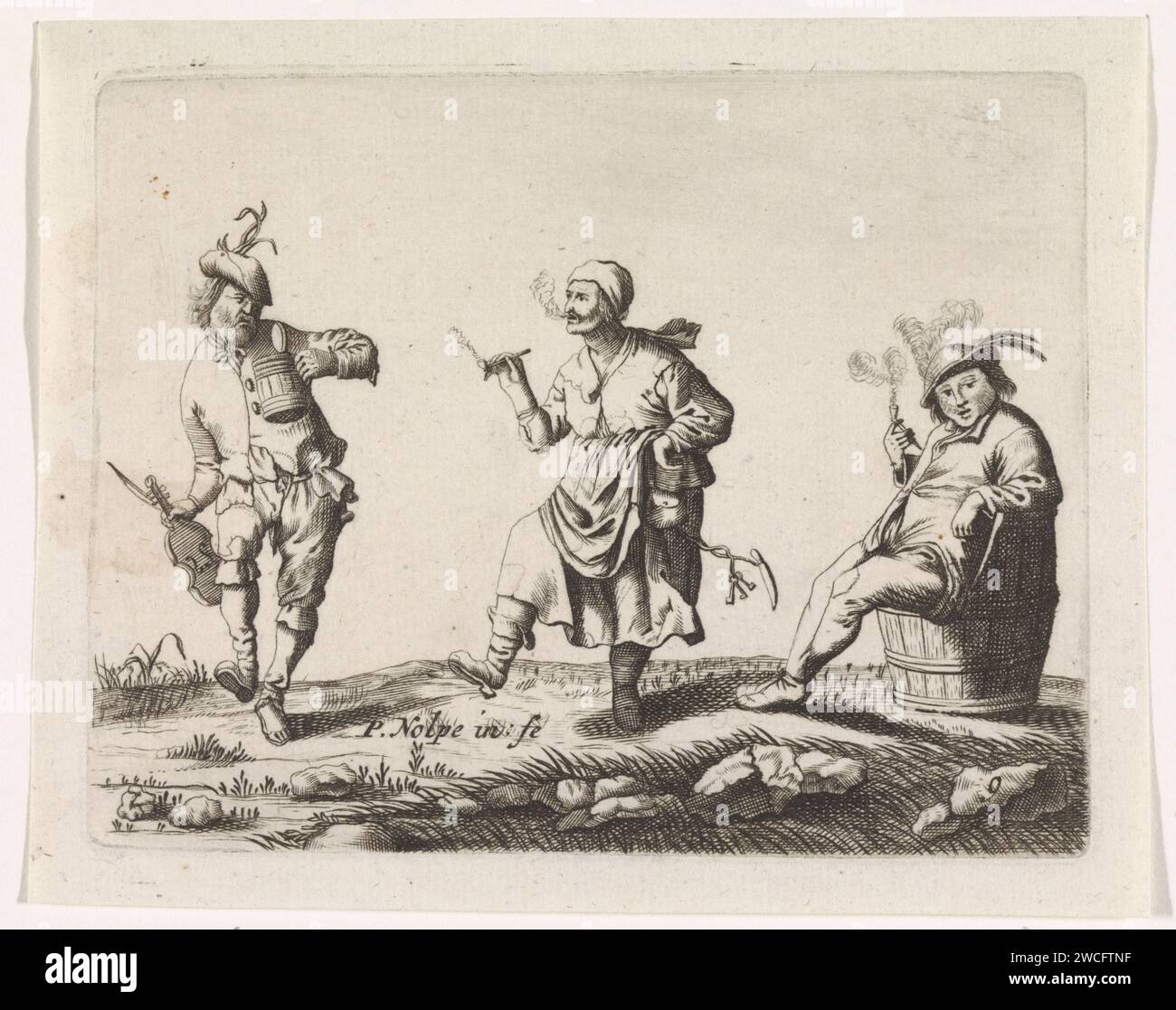 Tanzender Bauer und Bäuerin und ein Mann auf einer Tonne, Anonym, nach Pieter Nolpe, nach Pieter Jansz Quast, 1623–1703 drucken Ein Bauer und eine Bäuerin tanzen Seite an Seite im Gras. Der Bauer hält in der einen Hand einen Trinkbecher und in der anderen eine Geige. Die Frau des Bauern raucht Pfeife und hat einen Haufen Schlüssel und ein Messer auf ihrem Teppich. Rechts sitzt ein Mann auf Tonnen, die als Stuhl benutzt werden. Amsterdamer Papiergravurbauern. Tanzen. Pfeife  Tabak. Violine, Geige. Holzbehälter: Fass, Fass, Eimer Stockfoto
