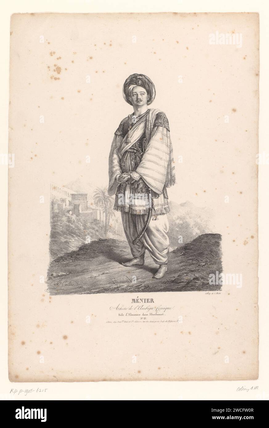 Porträt von Paulin Ménier als Almanzor im Melodrama Abenhamet, Alexandre Marie Colin, 1823 Druck Paris Papierporträt der Schauspielerin. Bühnenkostüm Stockfoto