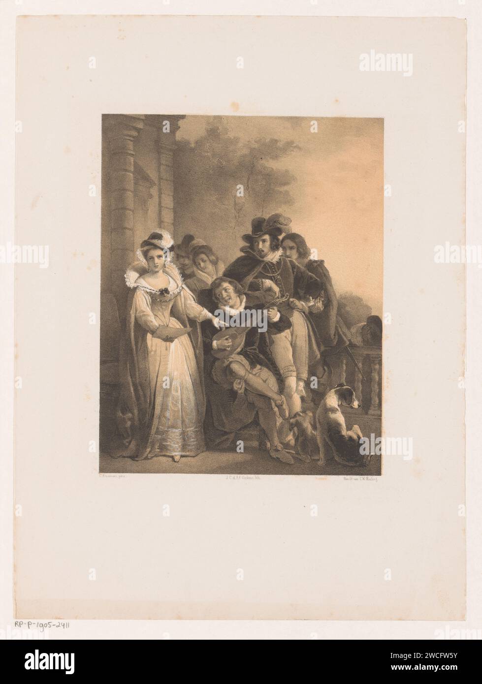 Kompanie mit Lautenspieler und Sänger Johannes Christiaan d’Arnaud Gerkens, nach Cornelis Kruseman, 1847 - ca. 1863 Druck der Lautenspieler sitzt auf einem Stuhl und schaut die singende Frau neben ihm an. Dahinter steckt eine Gruppe von Männern und einer Frau. Es sind zwei Hunde auf dem Boden. Die Haager Zeitung zithern, Mandoline, Gitarre, Balalaika. Musiker, die Sänger begleiten. Eine Person spielt Streichinstrument (gezupft). Hund Stockfoto