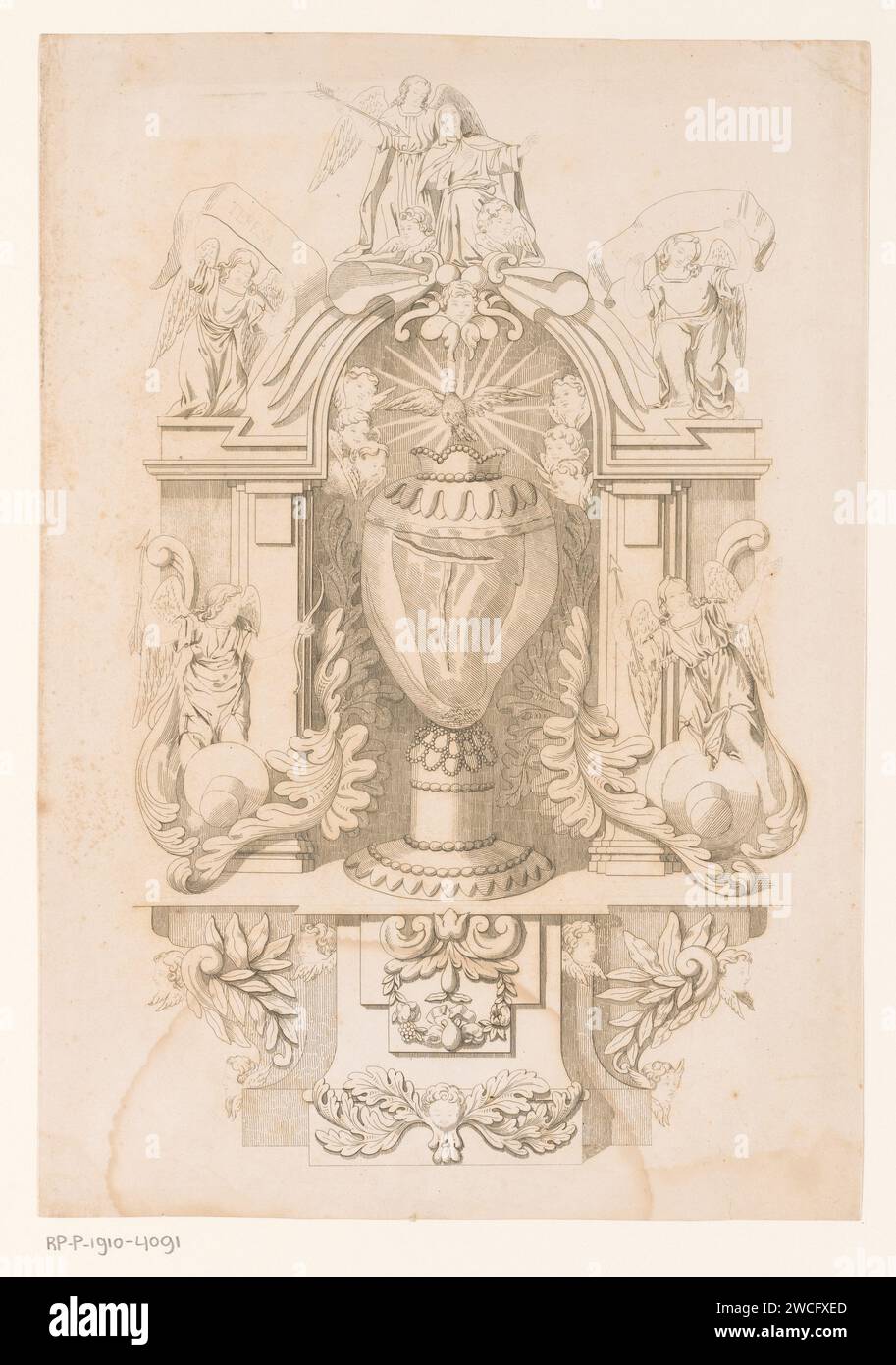 Allegorie über theresia van Ávila, jean Threodore Joseph Line, 1845 Druck Brüsseler Papier, das die Gründerin der reformierten Karmeliten, T(h)eres(i)a von Avila ätzt; mögliche Attribute: engel, Pfeil, Taube, Herz (flammend oder durch einen Pfeil durchstochen). Reliquien (und Reliquien) Stockfoto