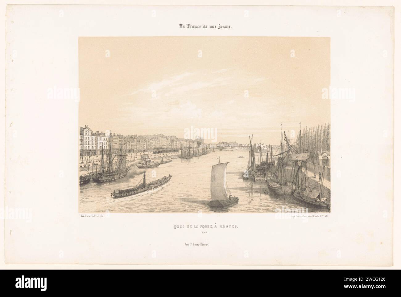 Blick auf das Hafendock der Loire in Nantes, Léon Auguste Asselineau, 1853 - 1856 Druckerei: RouenAfter eigenes Design von: Rouenprinter: Parispublisher: Paris Papierkai. hafen. Schiffe (im Allgemeinen) - CC - mehr als ein Schiff. fluss Quai de la Fosse Stockfoto