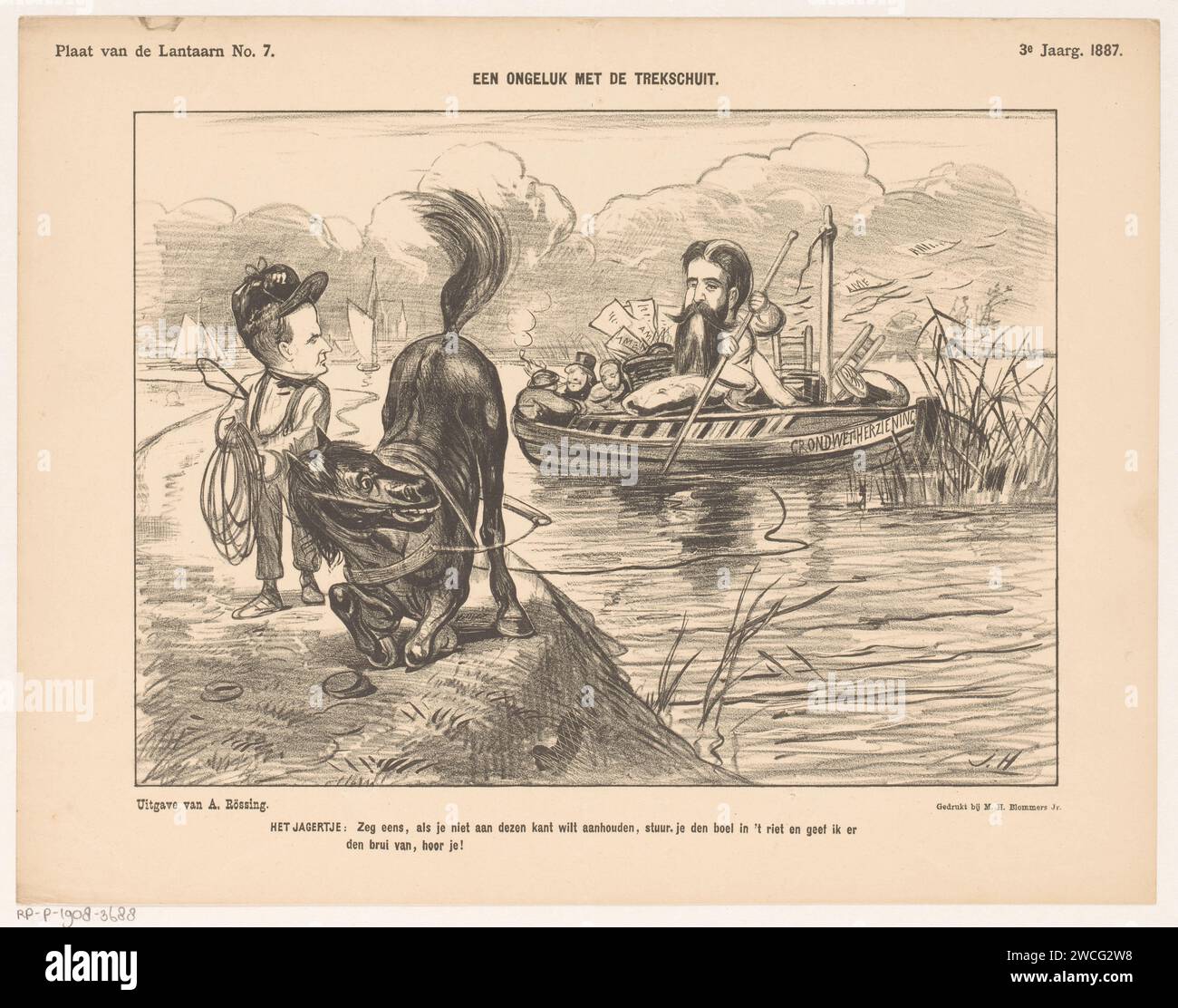 Zeichentrick mit Jäger zu Pferd mit Lastkahn im Riet, Jan Holswilder, 1887 Druck der Jäger versucht, den Lastkahn aus dem Schilf zu holen. Die Szene bezieht sich auf die gescheiterten Revisionen der Verfassung von 1887. Dieser Abdruck wurde von der Laterne ausgegeben und ging der Rekordnummer voraus 8. Druckerei: Niederlandsprinter: Der Haguepublisher: Die Haager Papier politische Karikaturen und Satiren. Schleppboot, Schleppkahn. Pferd Stockfoto