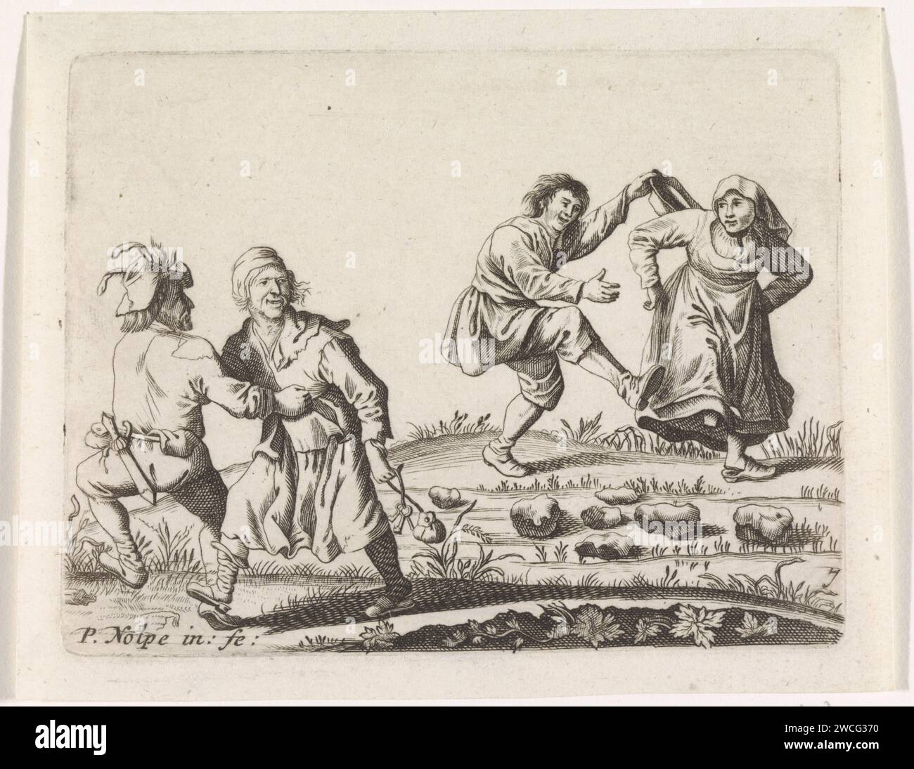 Zwei tanzende Boerenparten, Anonym, nach Pieter Nolpe, nach Pieter Jansz Quast, 1623–1703 drucken zwei Bauernpaare tanzen unter freiem Himmel. Papiergravurbauern. Mehr als ein Paar tanzt Stockfoto