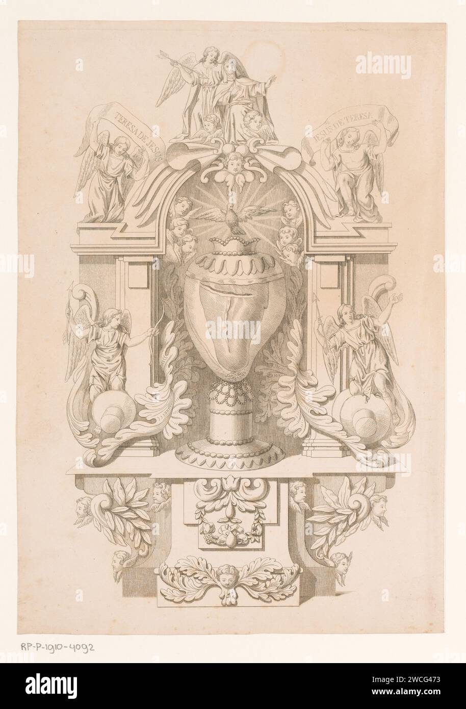 Allegorie über theresia van Ávila, jean Threodore Joseph Line, 1845 Druck Brüsseler Papier, das die Gründerin der reformierten Karmeliten, T(h)eres(i)a von Avila ätzt; mögliche Attribute: engel, Pfeil, Taube, Herz (flammend oder durch einen Pfeil durchstochen). Reliquien (und Reliquien) Stockfoto