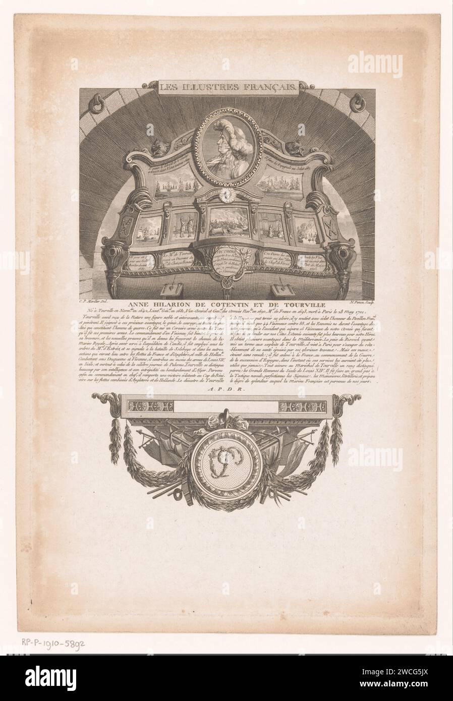 Allegorisches Portret van Anne Hilarion de Tourville, Nicolas Ponce, nach Clément Pierre Marillier, 1790 - 1816 Druck Frankreich Papier Radierung / Gravur historische Personen. oberbefehlshaber, Admiral Stockfoto